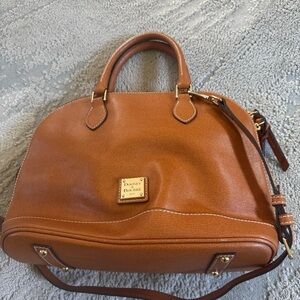 Dooney & Burke Pebble Grain Zip Satchel tan brown leather bag top handle strap